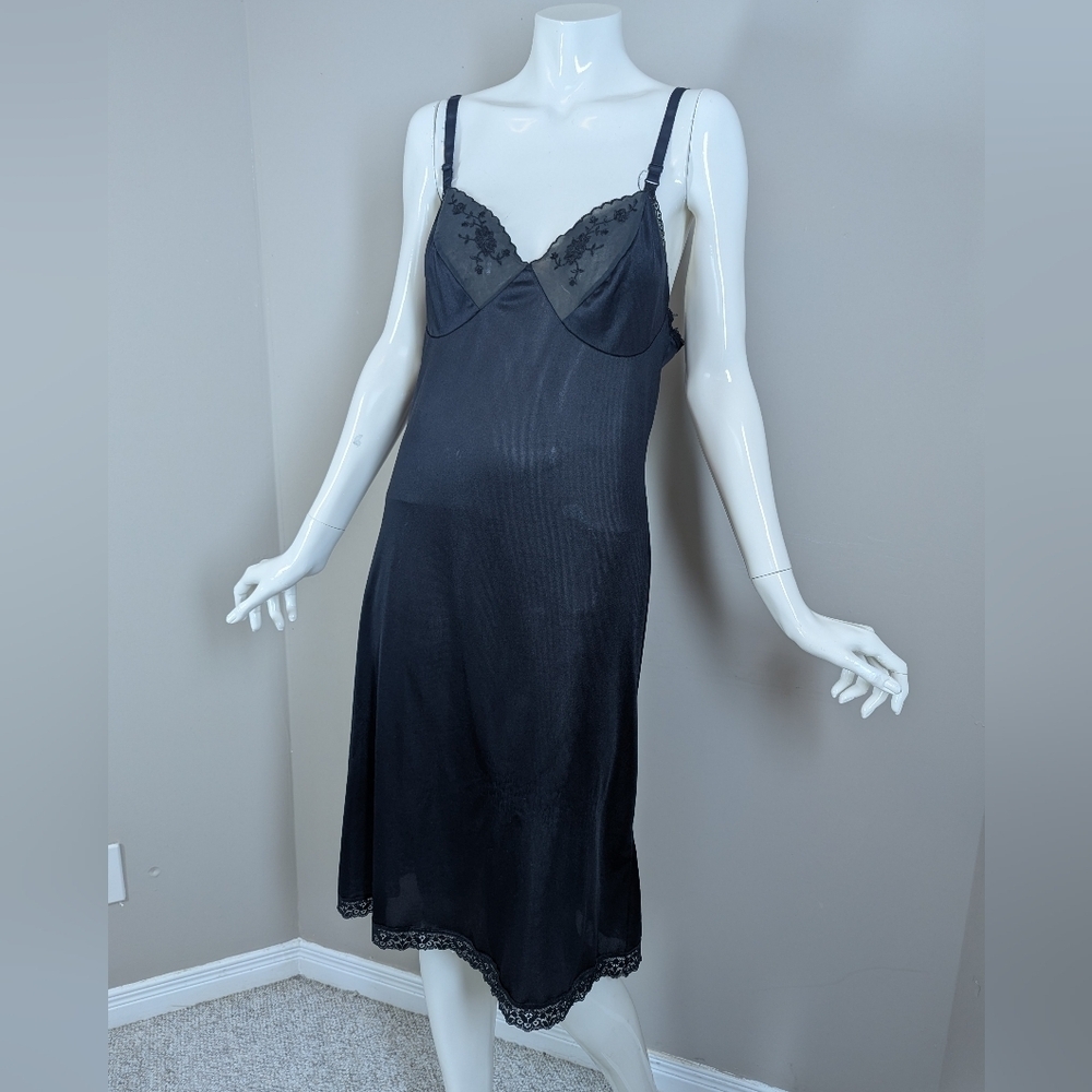 Vintage Black Slip Dress Nylon Lace Trim M L 90s Lingerie Layering